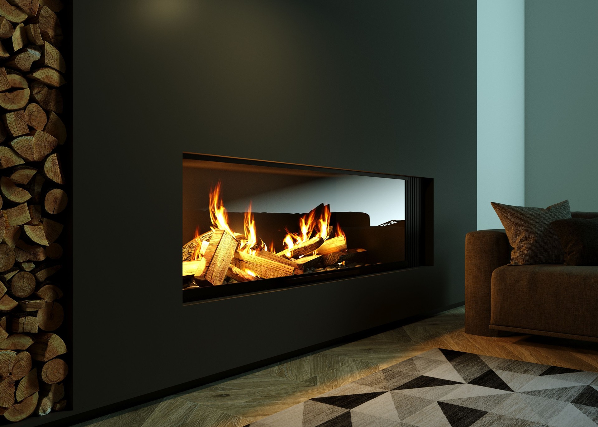 Modern glass corner fireplace in the interior